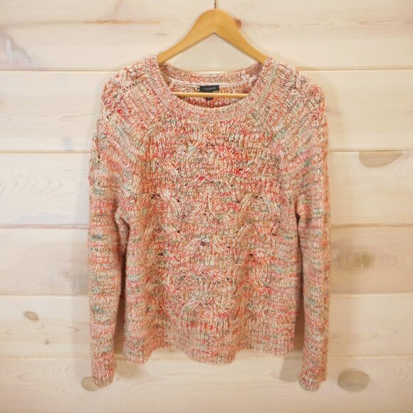 Talbots Womens L Chunky Knit Sweater Cream Orange Green Wool Blend Cozy Pullover - Picture 1 of 11